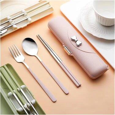 Універсальний портативний набір посуду з нержавіючої сталі 304, столові прибори, кемпінг, палички для їжі, виделка, ложка, для пікніка на свіжому повітрі, обід (2 шт. бежевого срібла)