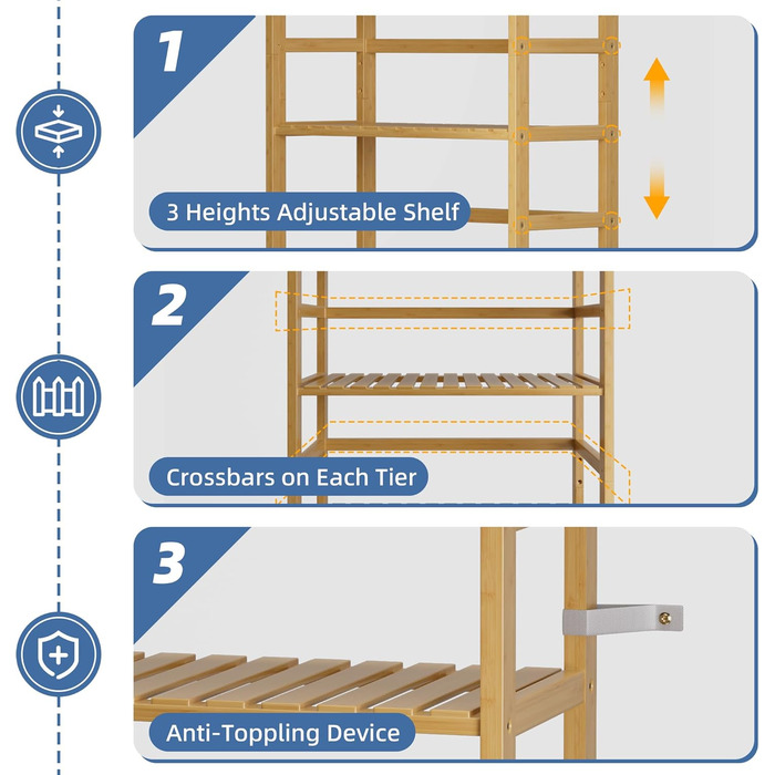Рівнева книжкова полиця HITNET, полиця для ванної кімнати, висока окремостояча бамбукова полиця з регульованими полицями, полиця для дисплея та рослин для житлового простору, натуральний колір, 6-