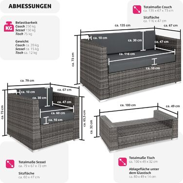 Набір садових лаунжів tectake Poly Rattan Aluminium стійкий до погодних умов, диванний столик зі скляною стільницею, меблі для відпочинку з 2 комплектами чохлів, 4 подушки, набір меблів з диваном, крісло та стіл, подушка для сидіння та спинки - сірий сіри