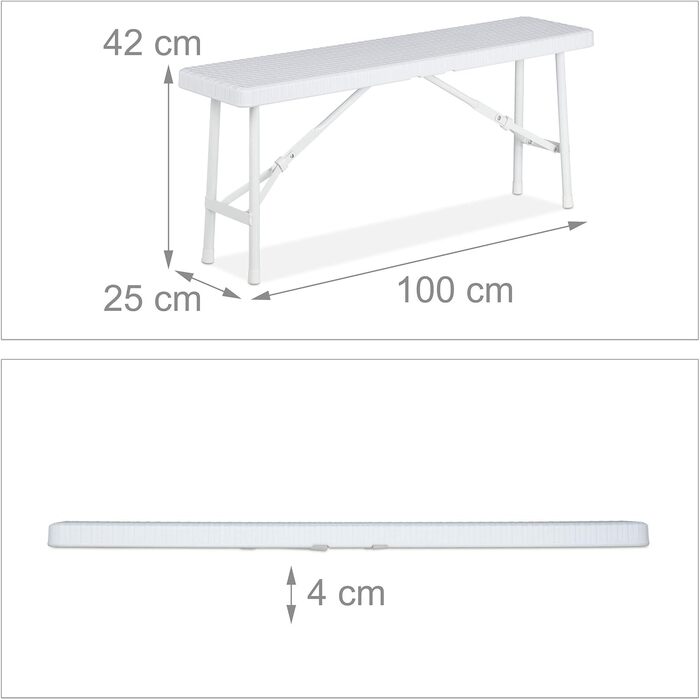 Набір пивних лавок Relaxdays з 2 шт. , складна лавка для вечірки для патіо та саду, пластикова, кемпінгова лавка HBT 42x100x25 см, біла