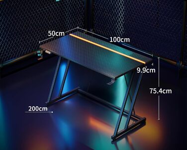 Ігровий стіл ODK 100 x 50 см зі світлодіодним підсвічуванням, ігровий стіл з підставкою для чашок та гачком для навушників, дизайн з подвійною Z-подібною рамою, невеликий комп&39ютерний стіл, чорний колір з вуглецевого волокна, 100 см, чорний колір з вугл