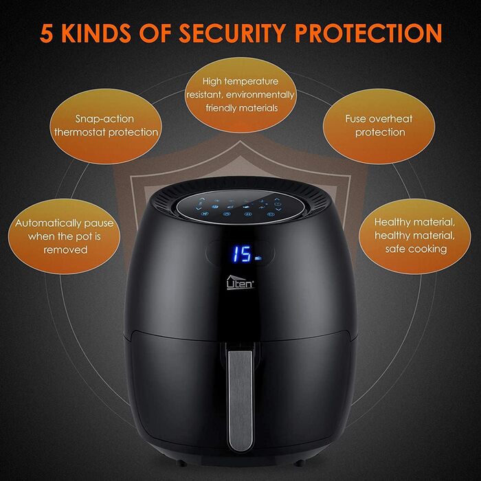Фритюрниця з гарячим повітрям, фритюрниця Uten 6.5 л XXL з цифровим світлодіодним сенсорним екраном, 8 програм, попередній нагрів і підтримання тепла, кошик для смаження з антипригарним покриттям, без жиру, 1800 Вт 6.5 л із сенсорним екраном Чорний-1