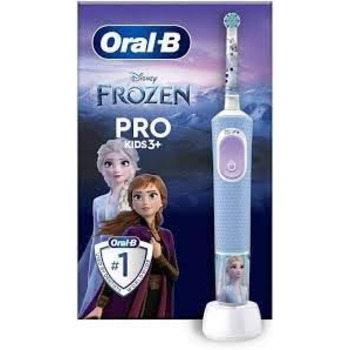 Електрична зубна щітка Oral-B Pro Kids, 1 насадка для зубної щітки, 4 заморожені наклейки, 2 режими зі зручним для дітей, чутливий режим, для дітей від 3 років, 2-контактна вилка UK, синя без дорожнього футляра або з додатковими заправками Frozen