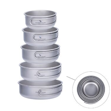 Титановий набір посуду миски, тарілки, кемпінгові горщики, сковорідки зі складними ручками, портативний набір для приготування їжі на відкритому повітрі, легкий посуд Bercher 350 мл 500 мл 600 мл 700 мл 800 мл, горщики, сковорідки, 5 шт. /партія Ti1096T