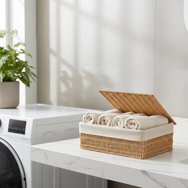 Набір із 3 кошиків для зберігання з кришками плетені кошики з паперової мотузки з металевим каркасом та підкладкою, 3 розміри, місце для зберігання речей у стилі бохо для ванної кімнати, пеленальний столик, органайзер та декор