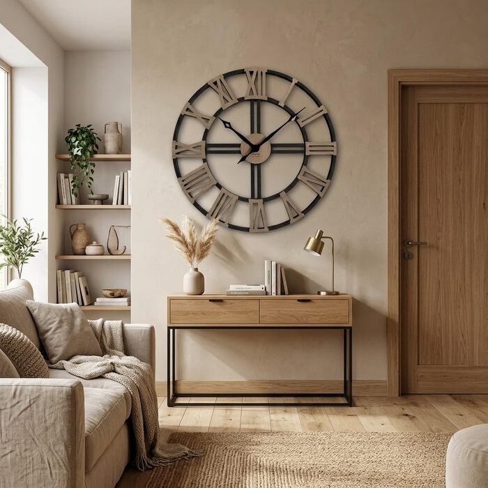 Великий настінний годинник FLEXISTYLE EKO LOFT Grande (80 см, товщина 19 мм) безтихий механізм, колір чорний (антрацит) та дуб, виробництво ЄС