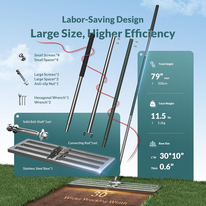 Гребінь для вирівнювання газону 75x25 см міцний вирівнювач з повністю закритою верхньою частиною, стійкий до перекидання, з товстою ручкою, м'яким пінопластовим захватом та матовою сталлю 304.