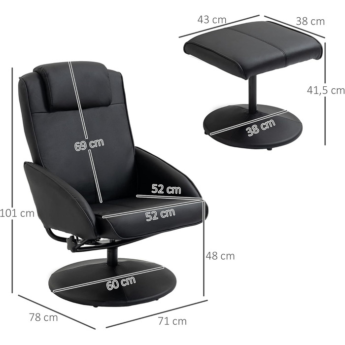 Крісло для телевізора HOMCOM з пуфом для ніг, поворотне на 360 з функцією відкидання, крісло для телевізора, крісло для читання для вітальні, спальні, штучна шкіра, чорний колір