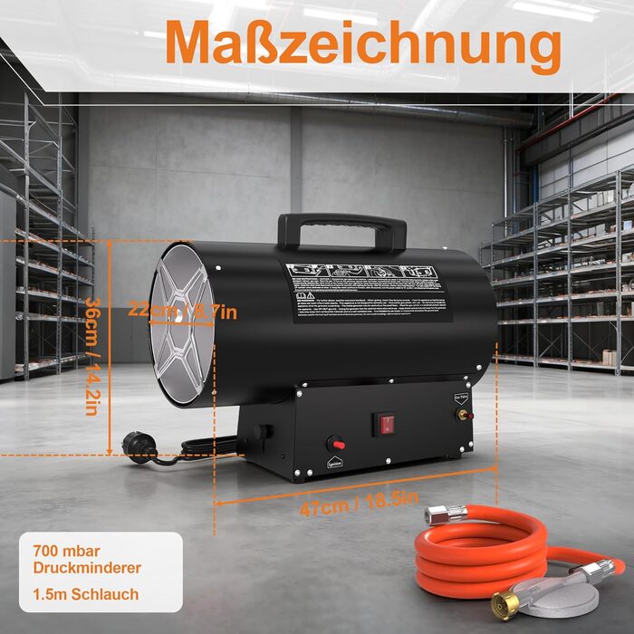 Газовий обігрівач Froadp 30 кВт, чорний, газовий обігрівач для використання в приміщенні, портативний газовий обігрівач із захистом від перегріву, включаючи регулятор тиску 700 мбар та шланг 1,5 м, для будівельних майданчиків, майстерень, складів 30 кВт