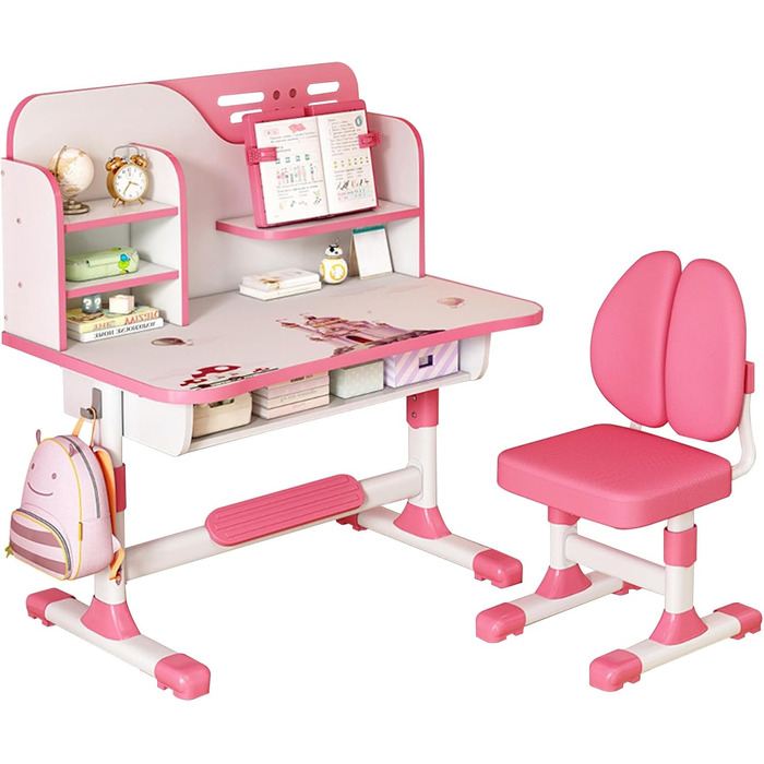 Комплекти дитячих стільців для роботи, регульована висота, ергономічний дизайн, дитячий стілець для роботи з великою письмовою дошкою та великою шухлядою, вбудована книжкова полиця для спальні, колір Рожева троянда