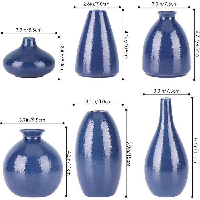 Сині маленькі вази, набір з 6, милий темно-синій декор для дому, маленькі вази для квітів, сині декоративні елементи обіднього столу, для вітальні, офісу, книжкової полиці, центральних елементів та прикраси входу