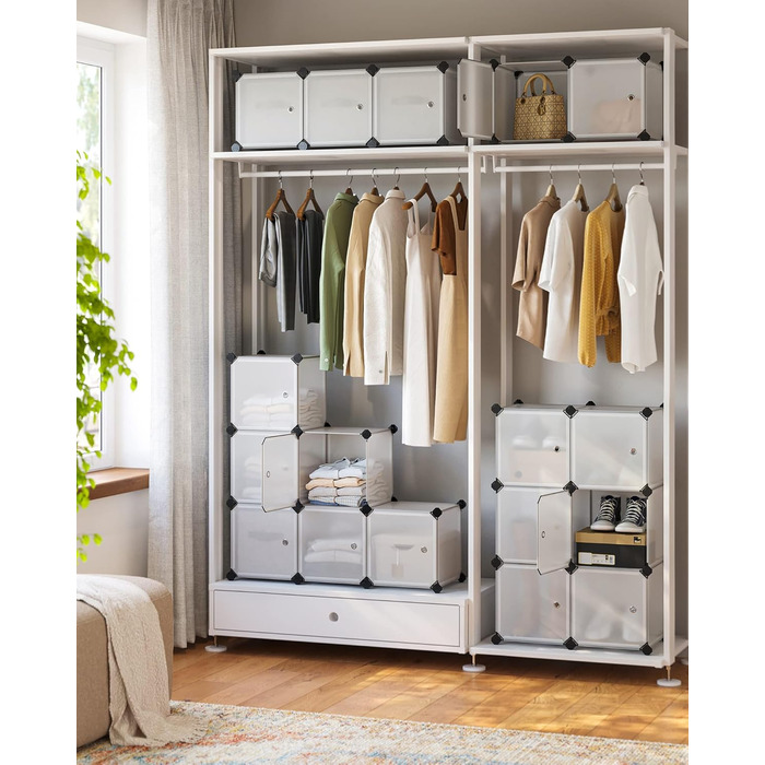 Система полиць SONGMICS, полиця для взуття, комплект із 16 кубів, пластикова шафа з дверима, модульні полиці, місце для зберігання одягу, взуття та книг, легке складання, білий LPC44BS 16 кубів (123Ш x 123В см) білий