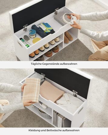 Підставка для взуття VASAGLE з сидінням, лавка з місцем для зберігання, м'яка, 3 відкритих відділення, відділення під подушкою сид