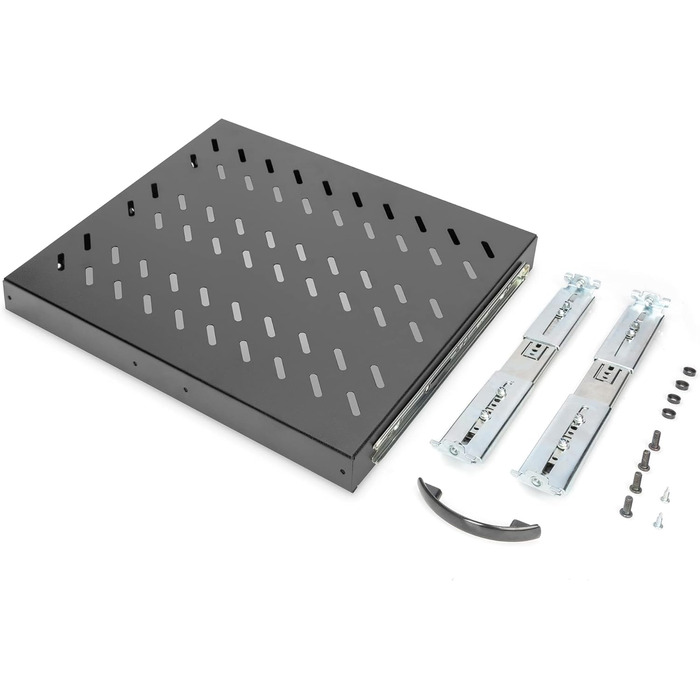 Розсувна полиця DIGITUS - 19 дюймів - 1U - Монтаж спереду та ззаду - Вантажопідйомність 25 кг - Для мережевих шаф та серверних стійок - Глибина шафи від 600 мм - Чорний, глибина 368 мм, чорний