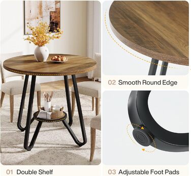 Круглий обідній стіл Tribesigns з полицями, кухонний стіл промислового типу 80 см для 2-4 осіб, маленький журнальний столик для кухні, офісу, квартири, коричневий (лише стіл)
