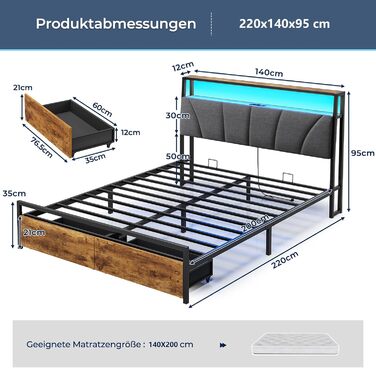 Ліжко 140x200 з металевою рейковою основою, каркас ліжка 140x200 см зі світлодіодним освітленням та зарядною станцією (2 розетки змінного струму та 2 порти USB), дитяче ліжко, двоспальне ліжко з 2 великими шухлядами, сірий колір, 140x200 см