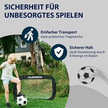Футбольні ворота HUDORA Pop-Up, 2 шт. - Складані футбольні ворота для дітей та дорослих - Набір садових футбольних воріт із сумкою для перенесення та кілками - Футбольні ворота для саду/парку та пляжу, чорні