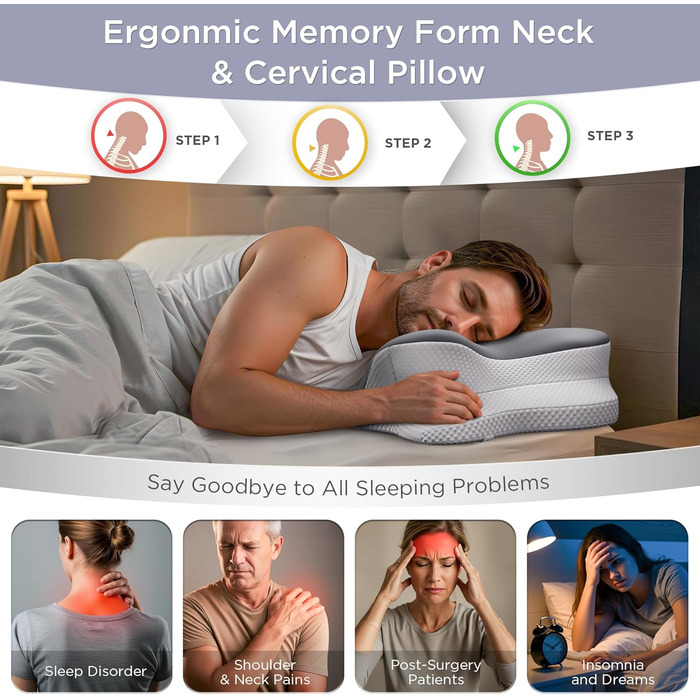 Ортопедична подушка, преміальна подушка для шиї, подушка для сну на боці, подушка для голови, подушка для підтримки шиї, подушка з піни з ефектом пам&39яті, подушка для сну на боці, спині та животі (сіра)