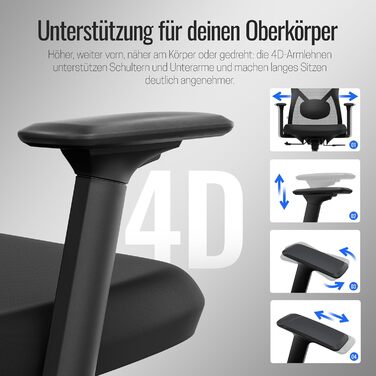 Офісне крісло року 2026, ергономічне робоче крісло з підголівником, 2D поперековою опорою та 4D підлокітниками, обертове крісло для здорового сидіння, для домашнього офісу та офісу, універсальні колеса, 150 кг Black Plus (універсальні колеса)