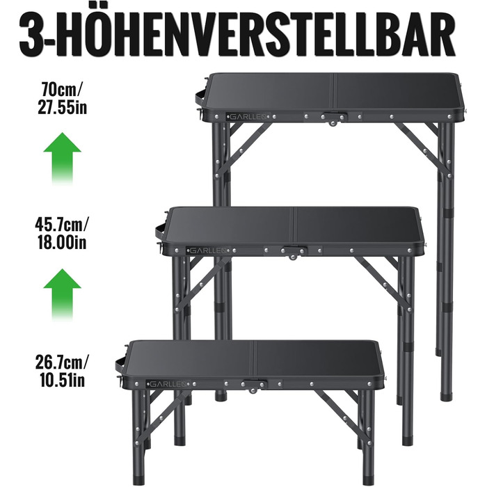 Складаний кемпінговий стіл GARLLEN, 58x40 см та 3 регульовані висоти (26/48/70 см), портативний бічний столик, стіл для барбекю, садовий стіл, стіл для пікніка для кемпінгу, пікніків та використання в саду (чорний) Чорний 58 x 40 x 26/48/70 см