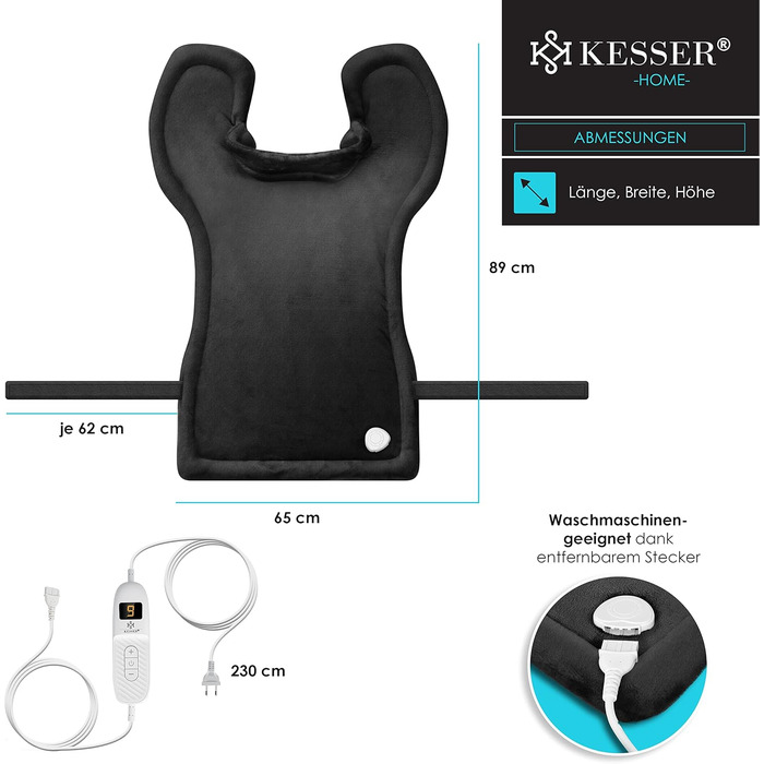 Електрична грілка KESSER для спини, плечей та шиї з автоматичним вимкненням, 9 налаштувань температури, 60x85 см, з поясним ременем, електрична грілка для спини, яку можна прати, пульт дистанційного керування, антрацит