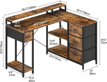 Г-подібний письмовий стіл DWVO, 140x100x85 см, двосторонній кутовий стіл з 4 шухлядами та полицею для монітора, Г-подібний стіл з 2 USB-портами для зарядки та 2 розетками для домашнього офісу, коричневий, чорний, білий (коричневий)