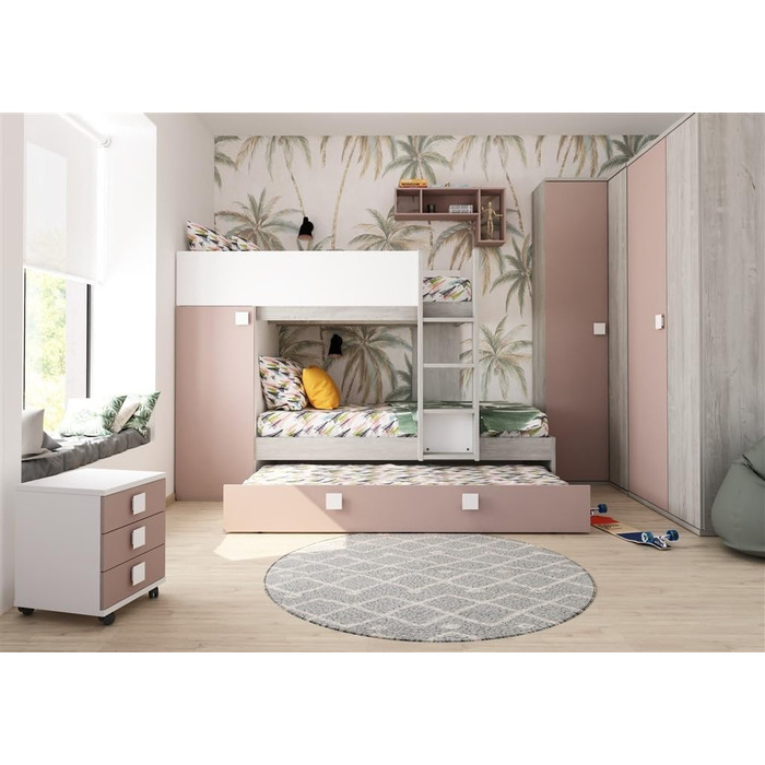Двох'ярусне ліжко для двох дітей з висувним ліжком і шафою Колір білий потертий і античний рожевий