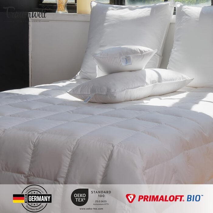 Подушка, виготовлена в Німеччині, 80x80 см, з наповнювачем з органічного мікрофібри Primaloft, білого кольору, вага наповнювача 1500 г. Підходить для алергіків, сертифікована Oeko-Tex Standard 100, біорозкладна, кліматично нейтральна (2 шт.) 80 x 80 см 2