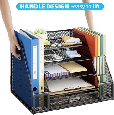 Органайзер для столу Marbrasse з тримачами для файлів, 5-ярусний лоток для листів з шухлядою та 2 тримачами для ручок, сітчастий лоток для настільних аксесуарів, тримач для журналів та офісного приладдя (чорний) 42 x 30 x 28 см