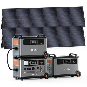 Система живлення OSCAL PowerMax 6000 Ultimate подвійна акумуляторна станція потужністю 10,8 кВтгод з вихідною потужністю 6000 Вт, 2 сонячні панелі по 500 Вт (1000 Вт), сонячний генератор для аварійного живлення побутових приміщень та надзвичайних ситуацій
