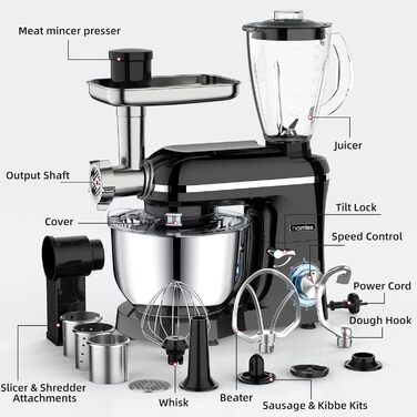 Кухонний комбайн Homlee 3 в 1 Багатофункціональна тістомісильна машина 1800 Вт 6-рівневий блендер, з м'ясорубкою, соковижималкою 1,5 л, чашею з нержавіючої сталі 5,5 л Тістоміс чорний