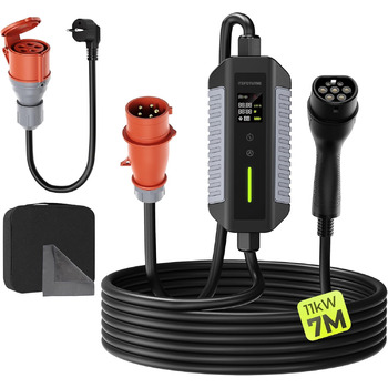 Зарядний кабель типу 2 11 кВт з вилкою CEE, 7M 6-16A 3-фазний з регульованою потужністю зарядки, мобільний настінний блок / зарядн