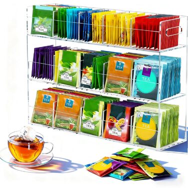 Органайзер для чайних пакетиків Qivine 270, великі коробки для чайних пакетиків, 3-рівнева пластикова шафа-органайзер для чаю для стільниць, кухонних шаф, комор (15 відділень)