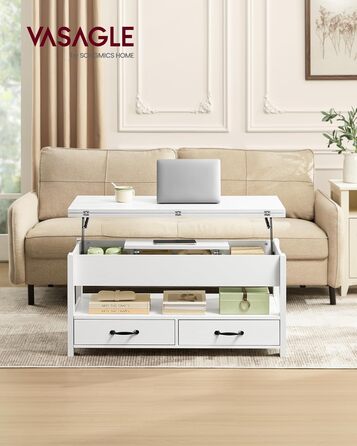 Журнальний столик VASAGLE, стіл для вітальні з регульованою висотою, газовий балон, 2 шухляди та 3 відділення під стільницею, журнальний столик, 1 відкрите відділення, для вітальні, домашнього офісу, білосніжний LCT254W02
