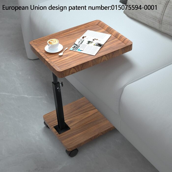 Журнальний столик з колесами Журнальний столик з регульованою висотою (45-80 см) Дерев&39яні жорстокі столики, С-подібної форми, обертаються на 360, з горіховим покриттям Невеликий журнальний столик для вітальні, дивана, кушетки (горіх)
