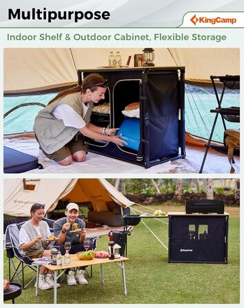 Складана кемпінгова кухня KingCamp з раковиною, бамбукова кемпінгова шафа, складна вулична кухня з місцем для зберігання, вітровим склом та тримачем для лампи, міцна алюмінієва рама, дорожня кухня, кемпінгові меблі для пікніків-барбекю, кемпінгова шафа з 