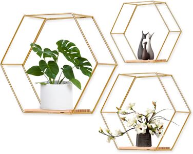 Шестигранна настінна полиця з металу з 3, золоті декоративні підвісні полиці лофт настінні полиці, настінна полиця для оздоблення