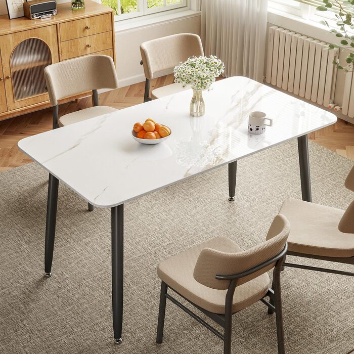 Обідній стіл ZL ZELing зі стільницею зі спеченого каменю під мармур та металевими ніжками, білий прямокутний кухонний та обідній стіл, 140 x 70 см, колір Нефритовий білий