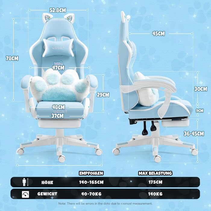 Миле ігрове крісло з поперековою подушкою у формі котячої лапи та котячими вушками, ергономічне ігрове крісло з підставкою для ніг, регульоване ігрове крісло для ПК для дівчаток, підлітків, дітей, синього кольору