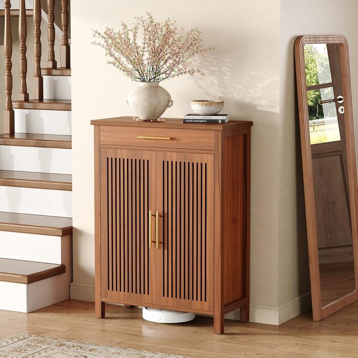 Вузька 5-ярусна взуттєва шафа Tribesigns з рейковими дверцятами та шухлядою Регульована дерев&39яна взуттєва полиця для передпокою, коридору та гардеробу 80 x 36 x 110 см, Коричневий