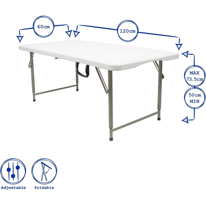 Білий 120 см (4 фути) Розкладний пластиковий стіл з регульованою висотою - Міцні складні садові кемпінгові столи