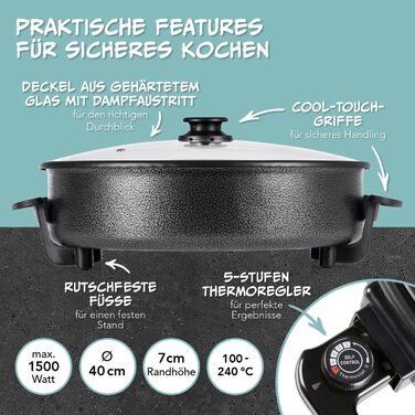 Електрична багатофункціональна сковорода GOURMETmaxx 40см З термостатом, скляною кришкою та антипригарним покриттям Об'єм XXL - оптимальний як сковорода для паельї, сковорода для тушкування та сковорода вок 1500 Вт Нержавіюча сталь