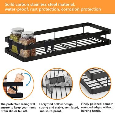 Підставка для спецій без свердління, кухонна полиця Auciej, настінна підставка для спецій, підвісна металева, 2 яруси з 8 знімними гачками, полиця для душу для кухні, ванної кімнати, балкону, 35 x 12 x 5,7 см, чорна