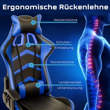 Ігрове крісло NATIV з механізмом гойдання Офісне крісло з регульованою висотою Обертове робоче крісло Підлокітники з регульованою висотою Чорний/Синій До 150 кг Штучна шкіра Захист від гніву 16 кг, чорний/синій