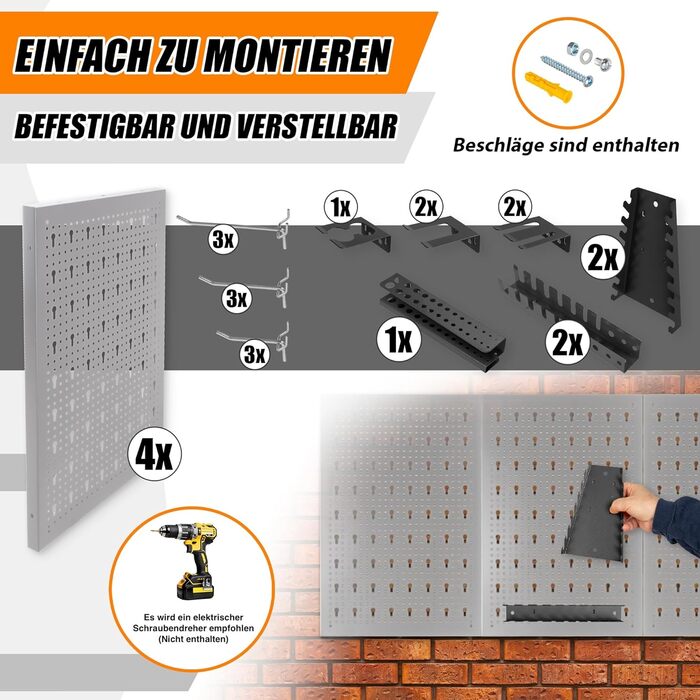 МЕТАЛЕВІ МЕБЛІ Інструмент настінний металевий 160x60x2 см, 4 перфоровані пластини 40x60x2 см, гачки та кронштейни, перфорована стінова майстерня, інструментальна стінка металева перфорована стіна, аксесуари для майстерні, перфорована стіна офіс -HPTH001