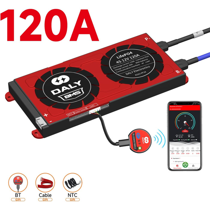 Батарея Захист Плата Система керування Батареєю з вирівнювальними кабелями та бездротовим модулем Bluetooth для літій-залізофосфату, 4 4S 12V 120A Bluetooth Smart PCB