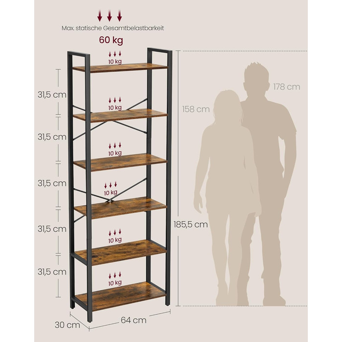 Полиця, книжкова шафа, полиця для стоячого монтажу, полиця для DVD, з 6 полицями, офісна полиця, відкриті полиці, для офісу, вітальні, спальні, кухні, 30 x 64 x 185,5 см, вінтажний коричневий-чорнильний чорний LLS062B01 64B см вінтажний коричневий чорниль