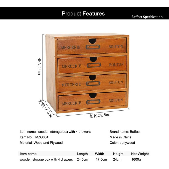 Настільна шухляда дерев'яна 4-х ярусна коробка для зберігання з висувними ящиками Вінтажна скринька для ювелірних виробів Дерев'ян