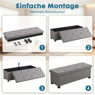 Лавка для зберігання DUMOS, Коробка для зберігання з кришкою, 110 x 38 см, Скриня-лавка для зберігання, Пуф для зберігання, Вантажопідйомність до 150 кг, Пуф для ніг для вітальні, спальні, гуртожитку, Сірий 110 x 38 x 38 см Сірий