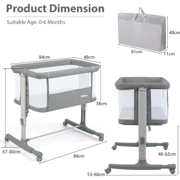 Дитяче ліжечко LIFEZEAL 3-в-1, 5-рівневе регульоване по висоті дитяче ліжечко, дитяча колиска/ліжечко для купання з матрацом, мобільне ліжечко на колесах з сумкою для перенесення, дитяче ліжечко для немовлят від народження до 9 кг (світло-сірий)